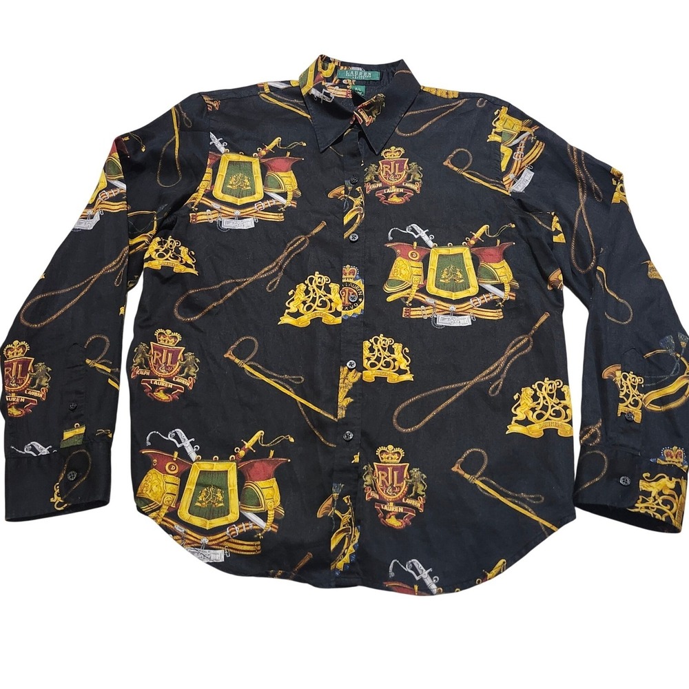Lauren Ralph Lauren Women's P/L Top Equestrian Royal Crest Black Gold Button Up